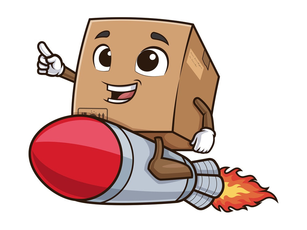 Delivery box riding rocket. PNG - JPG and vector EPS (infinitely scalable).