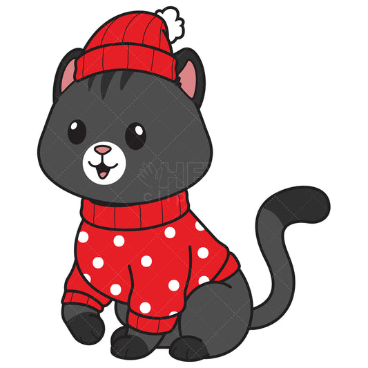 Royalty-free vector illustration of a black cat with christmas hat and red jacket.