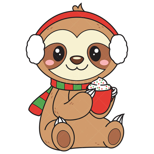 Royalty-free vector illustration of a cute sloth enjoying hot chocolate.