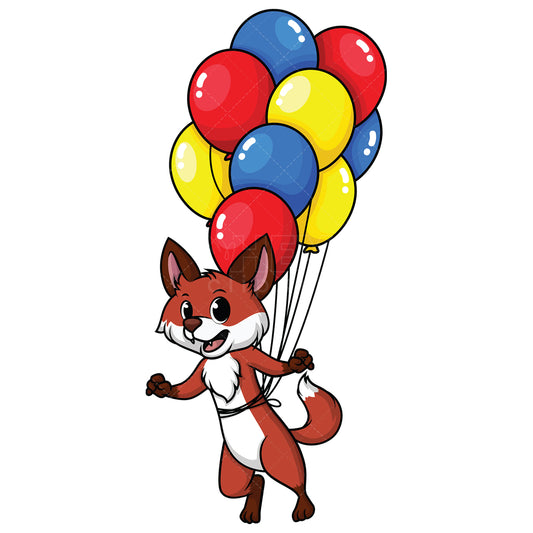 Royalty-free stock vector illustration of a fox flying with balloons.