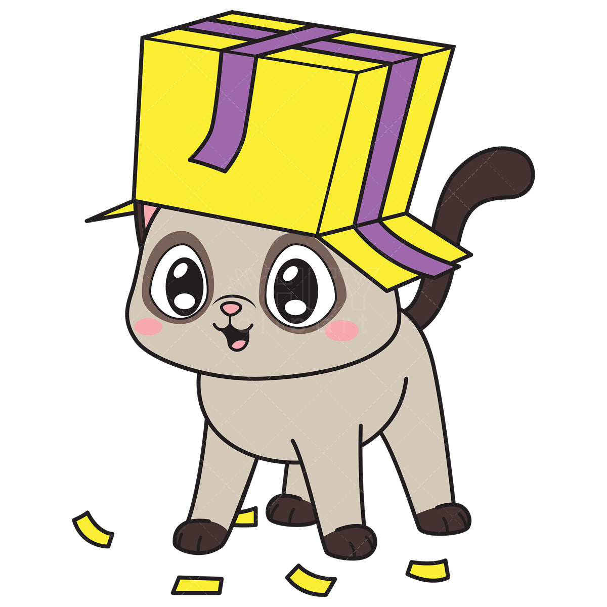 Royalty-free vector illustration of a funny cat with box on its head.