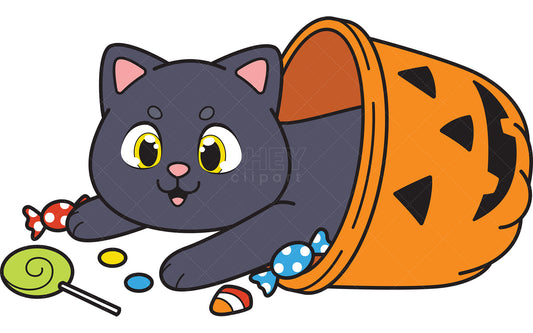 Royalty-free vector illustration of a happy cat with halloween candy.