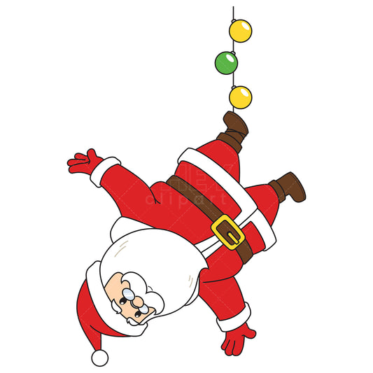 Royalty-free vector illustration of a santa claus hanging upside down from decorations.