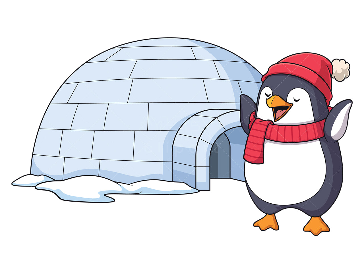 Royalty-free stock vector illustration of a winter penguin near igloo.