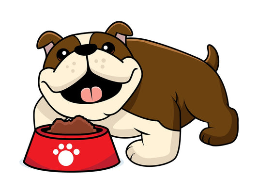 Adorable bulldog with a bowl of dog food. PNG - JPG and vector EPS (infinitely scalable).