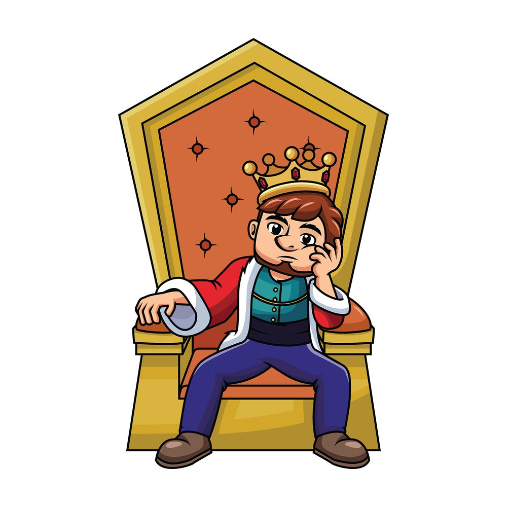 Young king sitting on throne thinking - Image isolated on transparent background. PNG