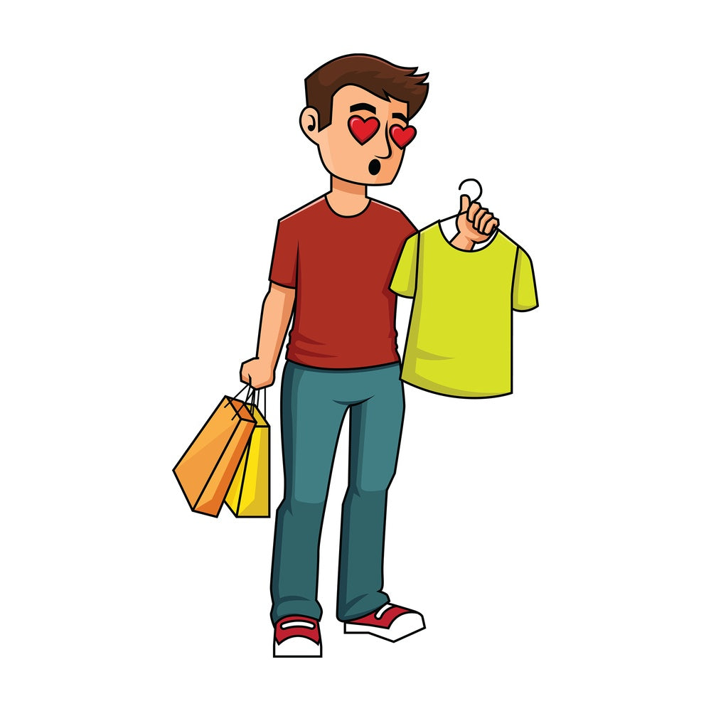 Man in love with t-shirt while shopping - Image isolated on transparent background. PNG