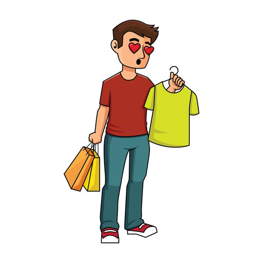 Man in love with t-shirt while shopping - Image isolated on transparent background. PNG