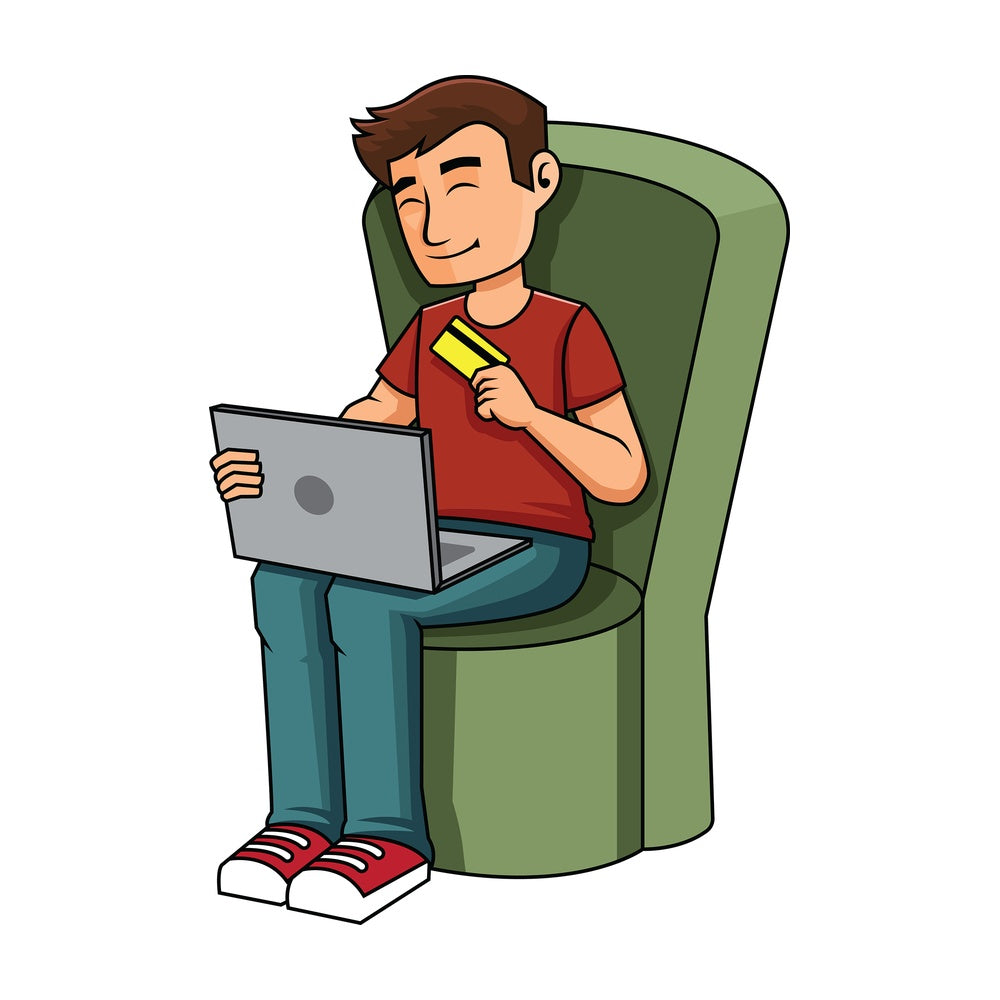 Man shopping online holding credit card - Image isolated on transparent background. PNG