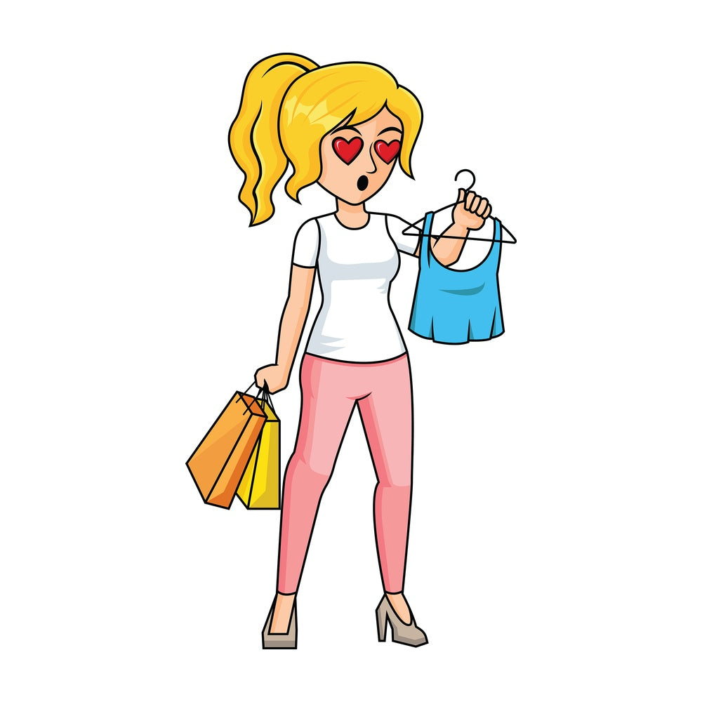 Woman in love with t-shirt while shopping - Image isolated on transparent background. PNG