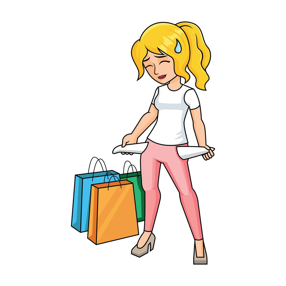 Woman with empty pockets after shopping - Image isolated on transparent background. PNG