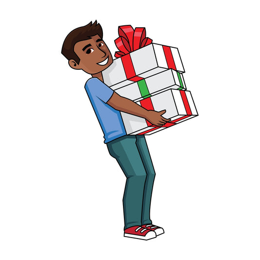 Black man holding a bunch of presents - Image isolated on transparent background. PNG