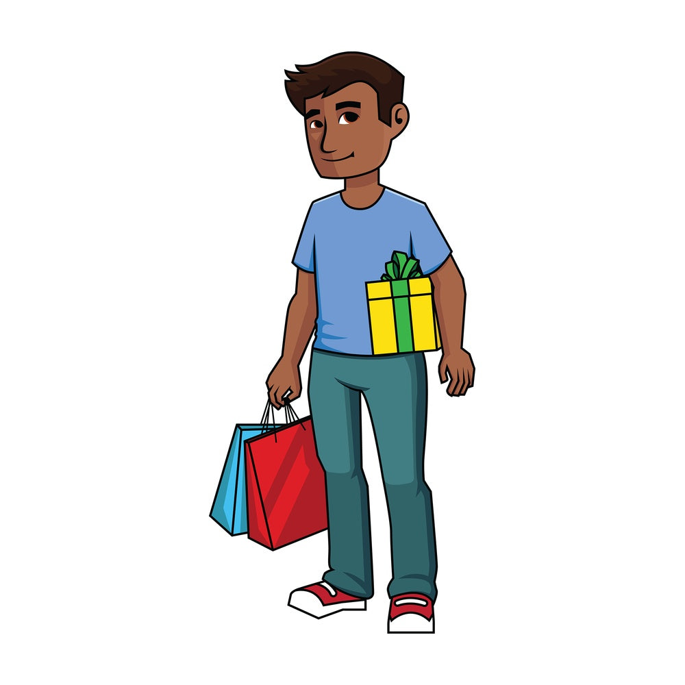 Black man with shopping bags and present - Image isolated on transparent background. PNG