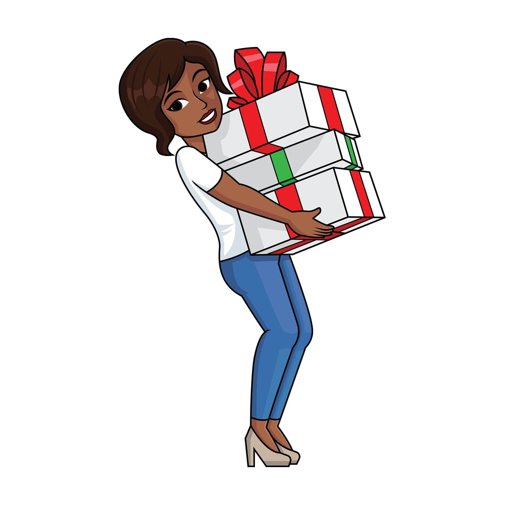 Black woman holding presents - Image isolated on transparent background. PNG