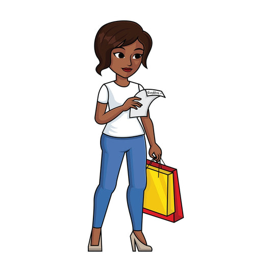 Black woman reading shopping list - Image isolated on transparent background. PNG