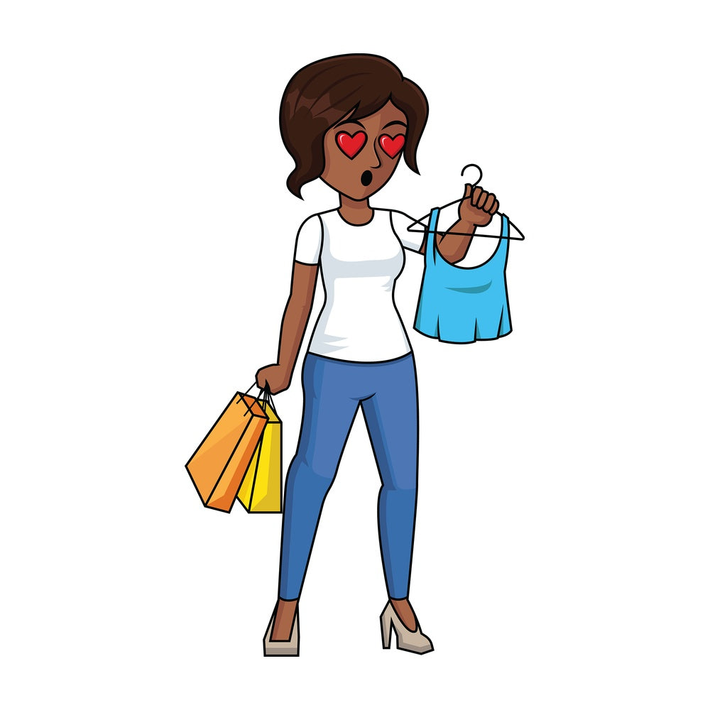 Black woman heart eyes while shopping - Image isolated on transparent background. PNG
