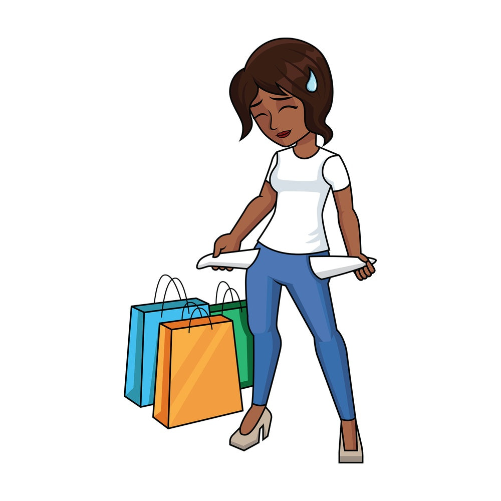 Black woman empty pockets after shopping - Image isolated on transparent background. PNG