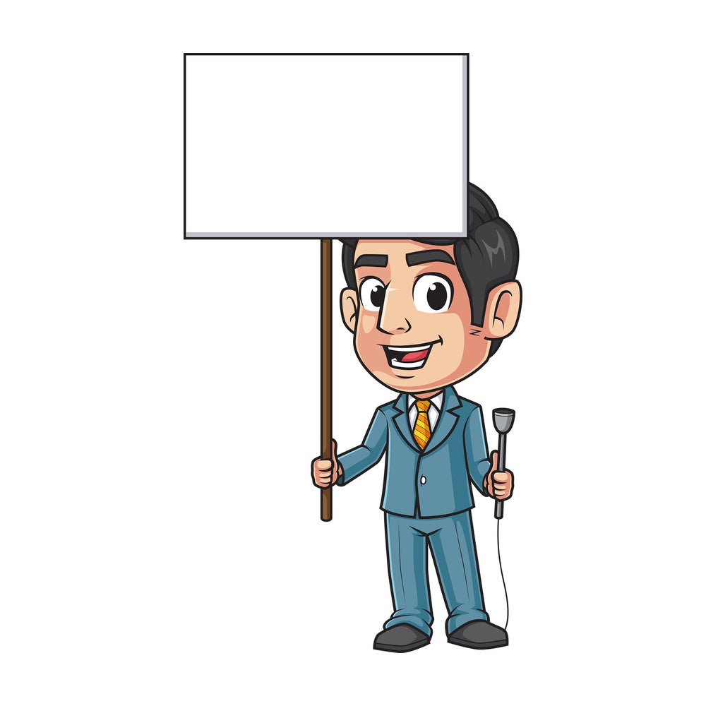TV host holding black sign. PNG - JPG and vector EPS (infinitely scalable).