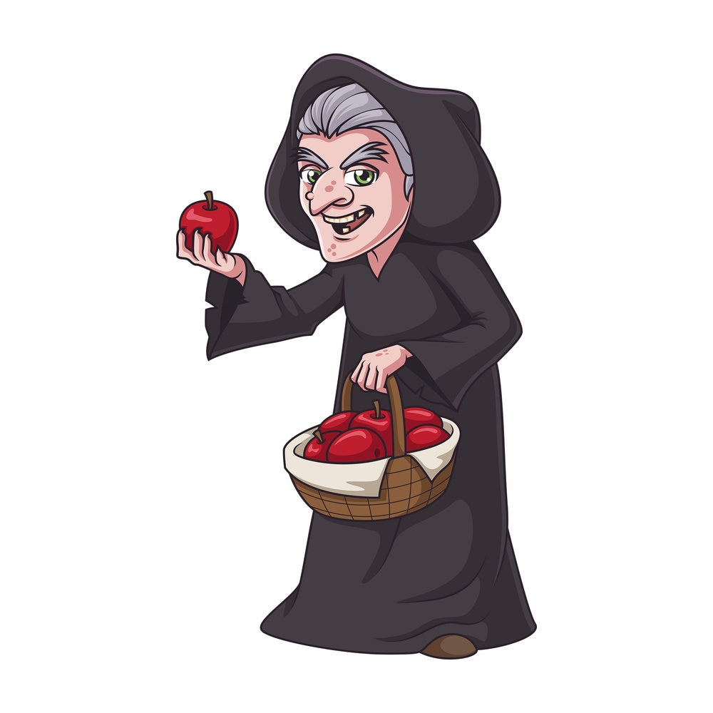 Evil old lady holding red apple. PNG - JPG and vector EPS (infinitely scalable).