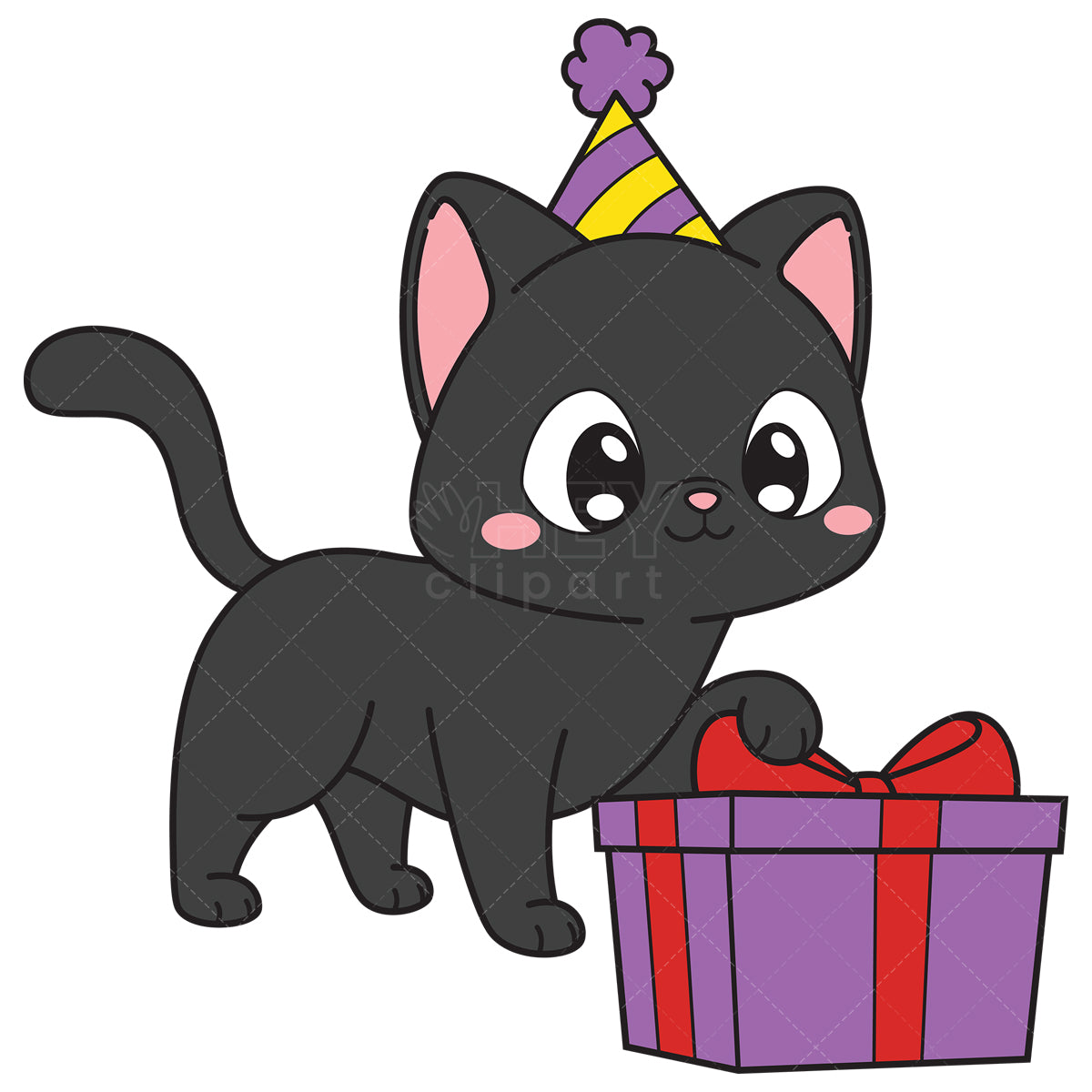 Royalty-free vector illustration of a birthday cat unwrapping birthday present.