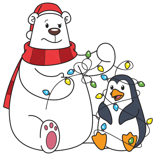 Royalty-free vector illustration of a christmas polar bear helping penguin tangled in christmas lights.