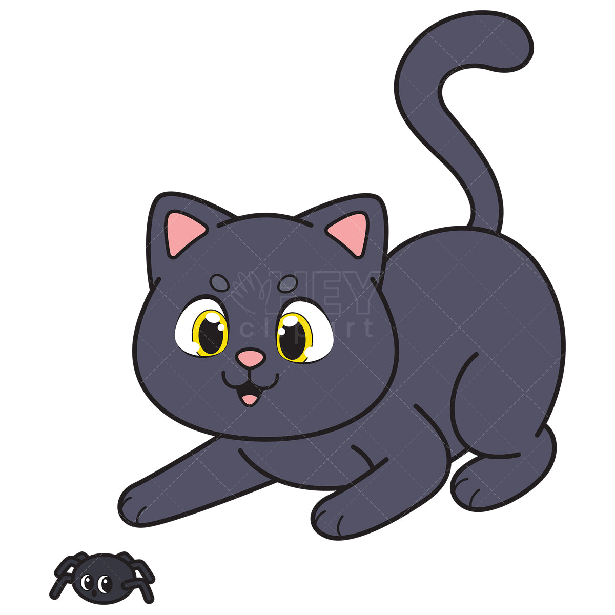 Royalty-free vector illustration of a cute cat chasing spider.