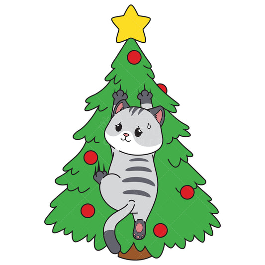 Royalty-free vector illustration of a funny cat climbing christmas tree.