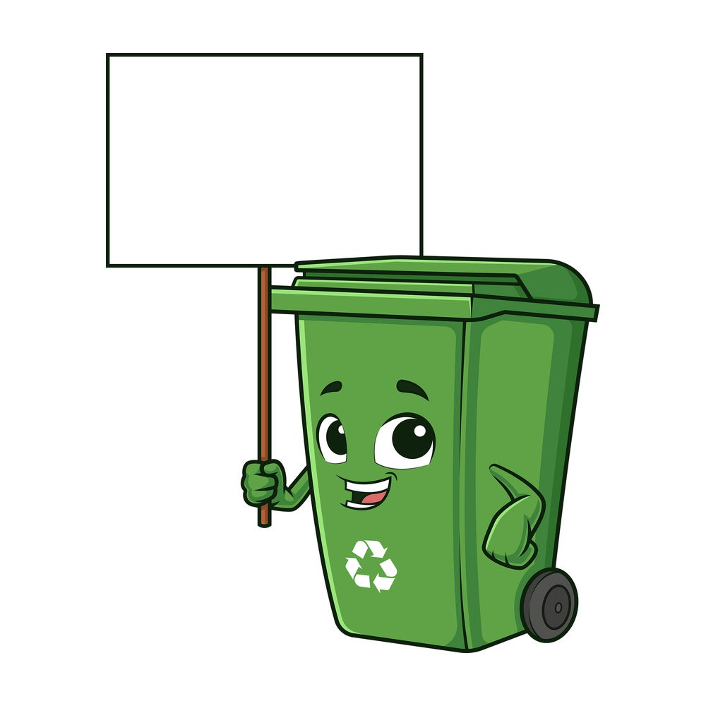 Trash bin holding blank sign. PNG - JPG and vector EPS (infinitely scalable).