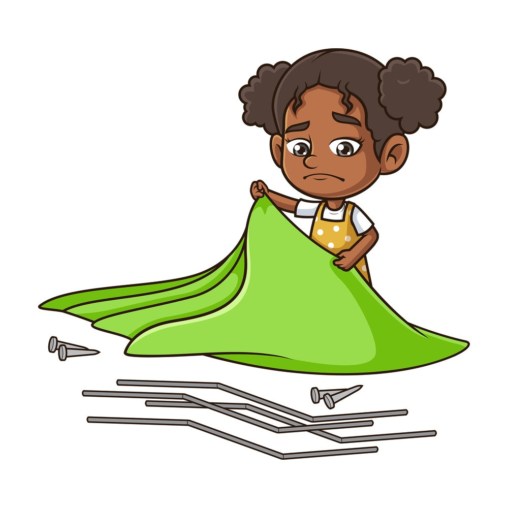 Black girl in trouble with camping tent. PNG - JPG and vector EPS (infinitely scalable).