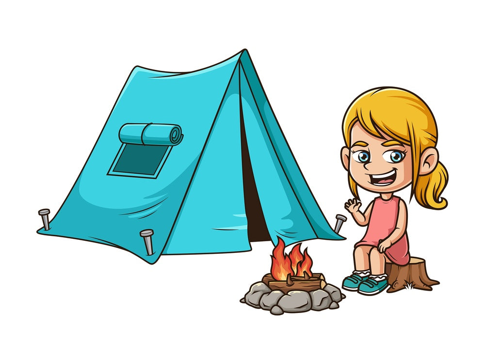 Cartoon girl camping. PNG - JPG and vector EPS (infinitely scalable).