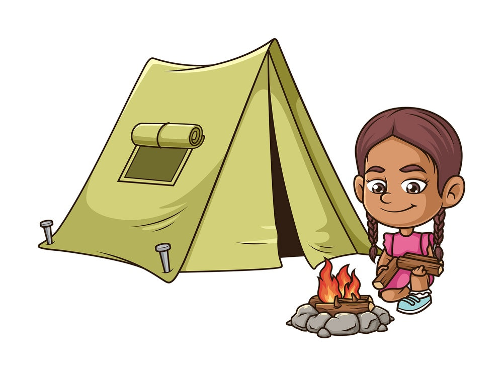 Hispanic girl camping. PNG - JPG and vector EPS (infinitely scalable).