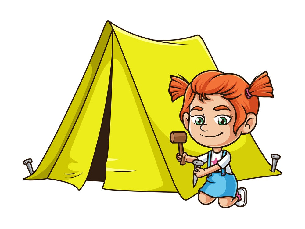Ginger girl setting up camping tent. PNG - JPG and vector EPS (infinitely scalable).