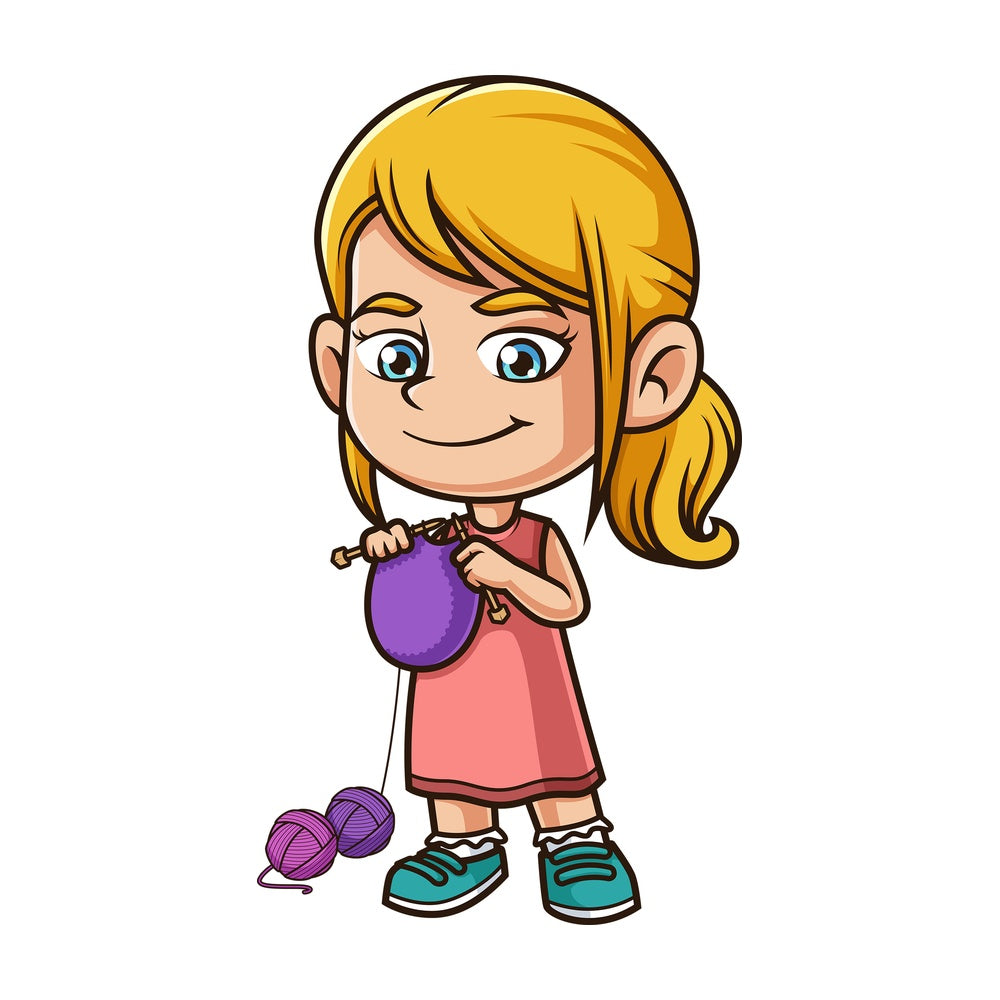 Cartoon girl knitting. PNG - JPG and vector EPS (infinitely scalable).
