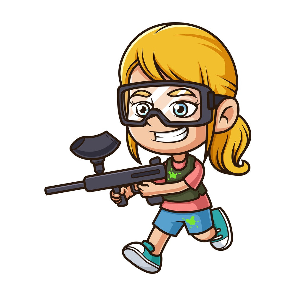 Caucasian girl playing paintball. PNG - JPG and vector EPS (infinitely scalable).