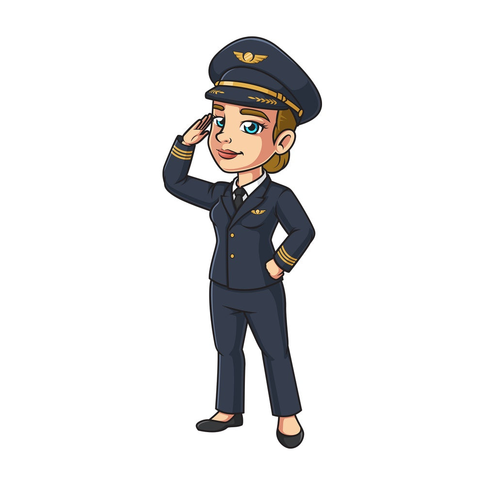 Female airline pilot saluting. PNG - JPG and vector EPS (infinitely scalable).