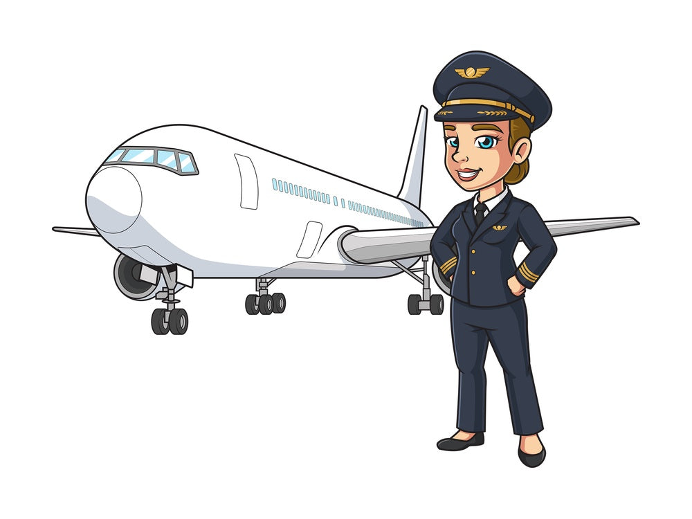 Female airline pilot passenger plane. PNG - JPG and vector EPS (infinitely scalable).