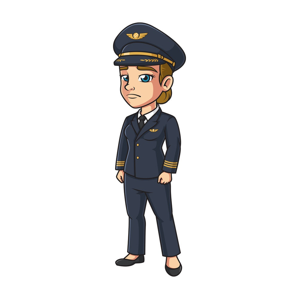 Sad female airline pilot. PNG - JPG and vector EPS (infinitely scalable).