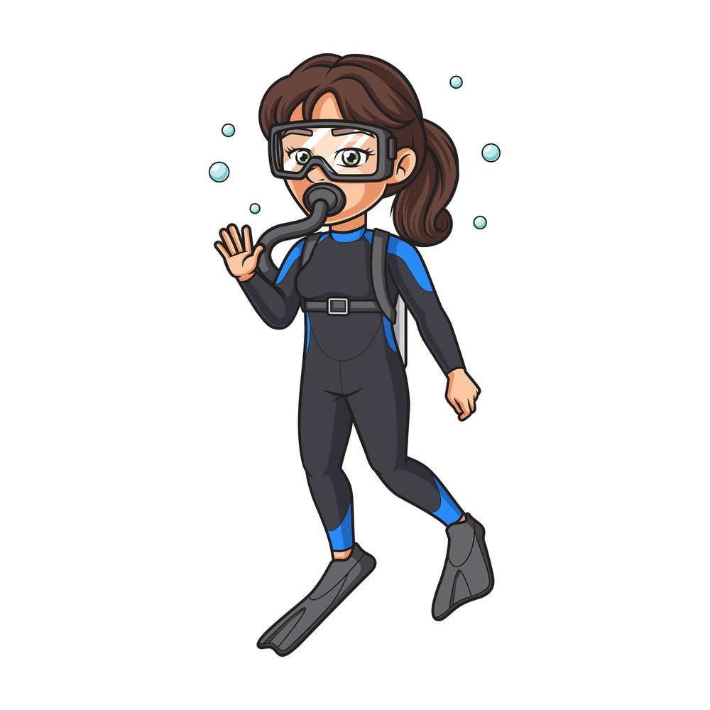 Female scuba diver waving. PNG - JPG and vector EPS (infinitely scalable).