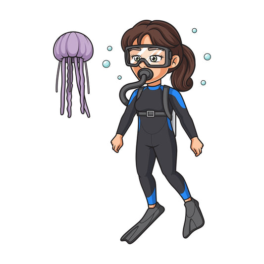 Female scuba diver with jellyfish. PNG - JPG and vector EPS (infinitely scalable).