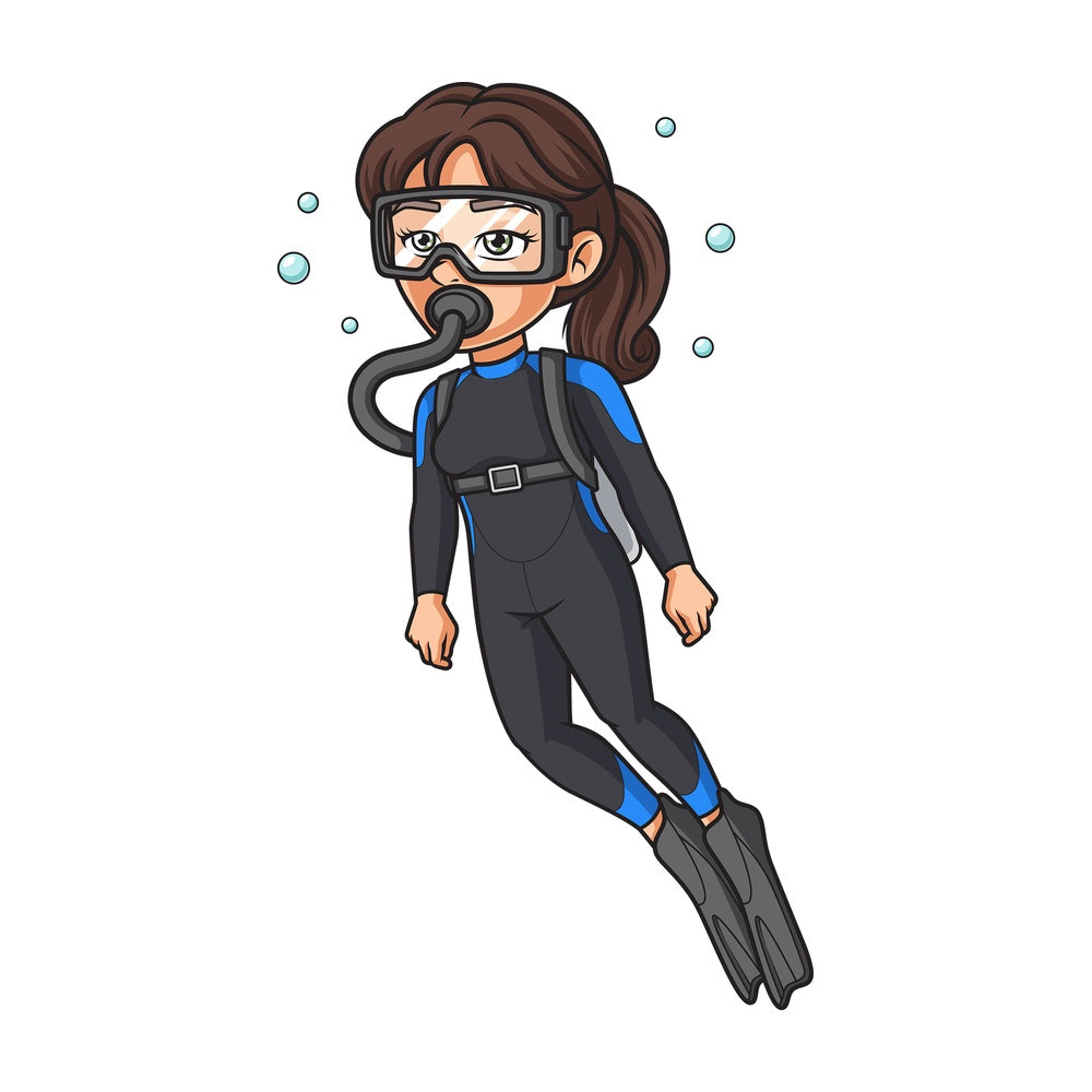 Female scuba diver standing. PNG - JPG and vector EPS (infinitely scalable).
