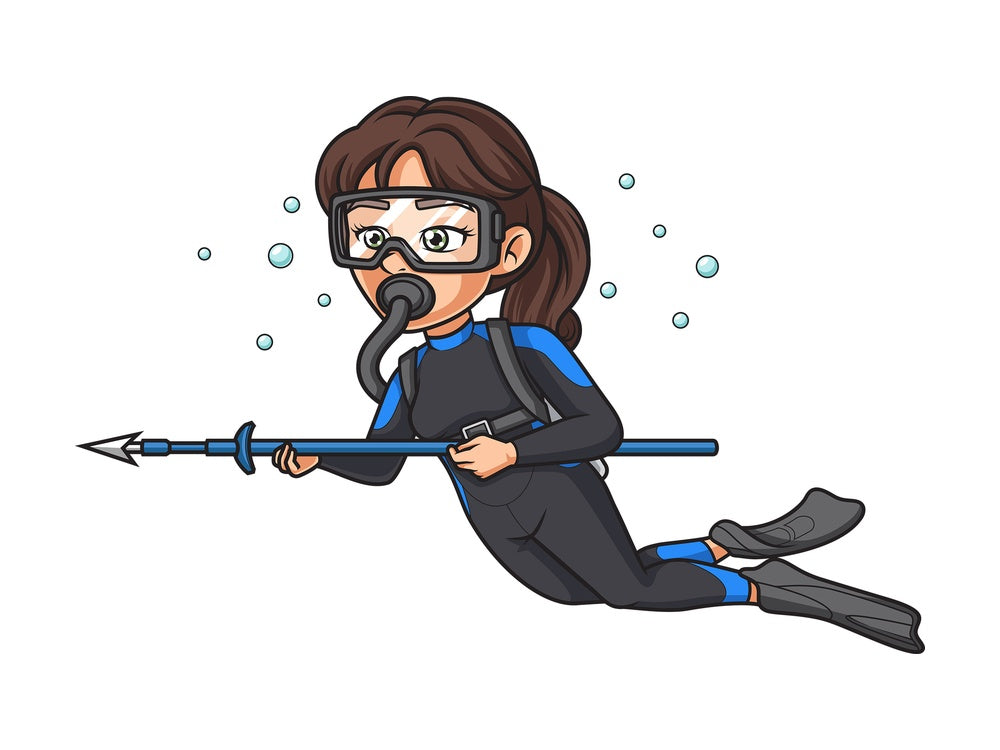 Female scuba diver fishing pole. PNG - JPG and vector EPS (infinitely scalable).