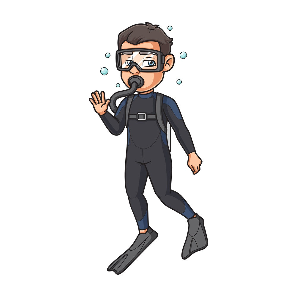Cartoon scuba diver waving. PNG - JPG and vector EPS (infinitely scalable).
