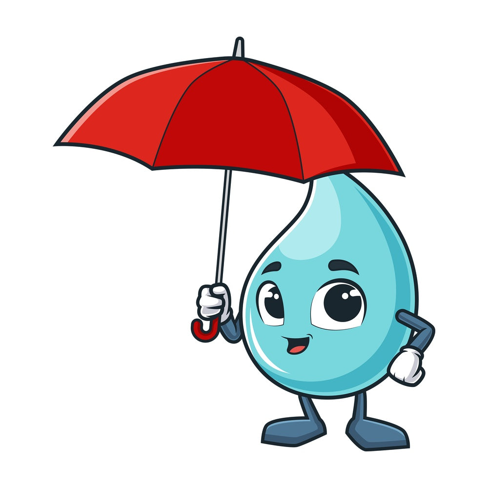 Cartoon rain drop holds umbrella. PNG - JPG and vector EPS (infinitely scalable).