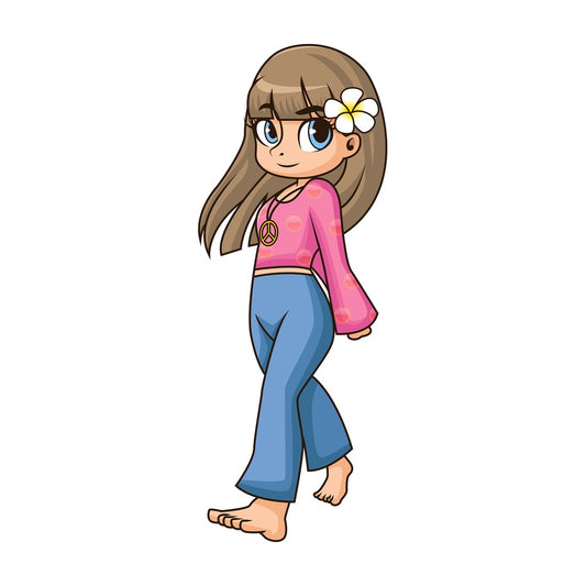 Cartoon hippie girl walking. PNG - JPG and vector EPS file formats (infinitely scalable). Image isolated on transparent background.