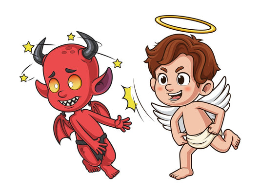 Cartoon angel punching demon. PNG - JPG and vector EPS file formats (infinitely scalable). Image isolated on transparent background.