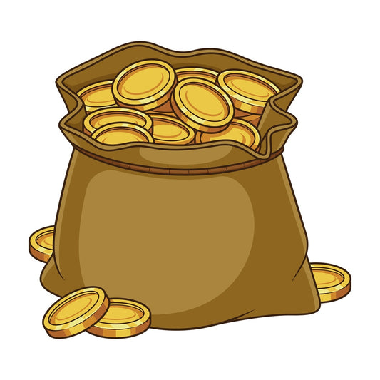 Cartoon bag full with gold coins. PNG - JPG and vector EPS file formats (infinitely scalable). Image isolated on transparent background.