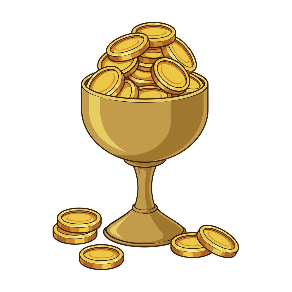 Cartoon gold cup with coins. PNG - JPG and vector EPS file formats (infinitely scalable). Image isolated on transparent background.