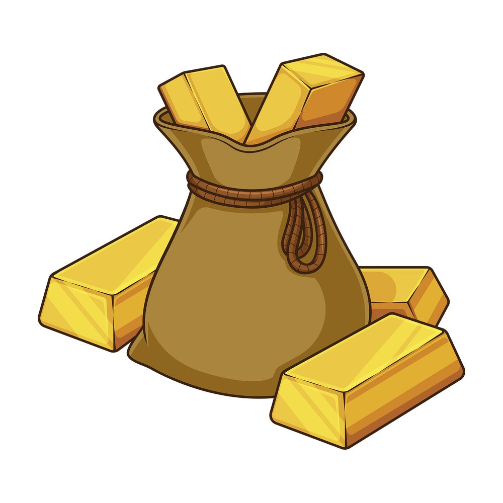 Cartoon bag with gold bars. PNG - JPG and vector EPS file formats (infinitely scalable). Image isolated on transparent background.
