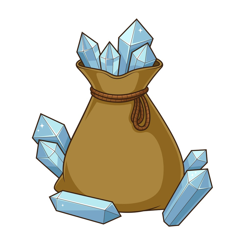 Cartoon bag with crystal gems. PNG - JPG and vector EPS file formats (infinitely scalable). Image isolated on transparent background.