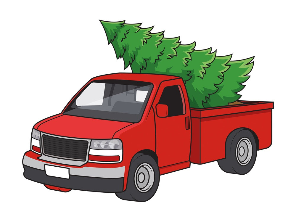 Cartoon truck with christmas tree. PNG - JPG and vector EPS file formats (infinitely scalable). Image isolated on transparent background.